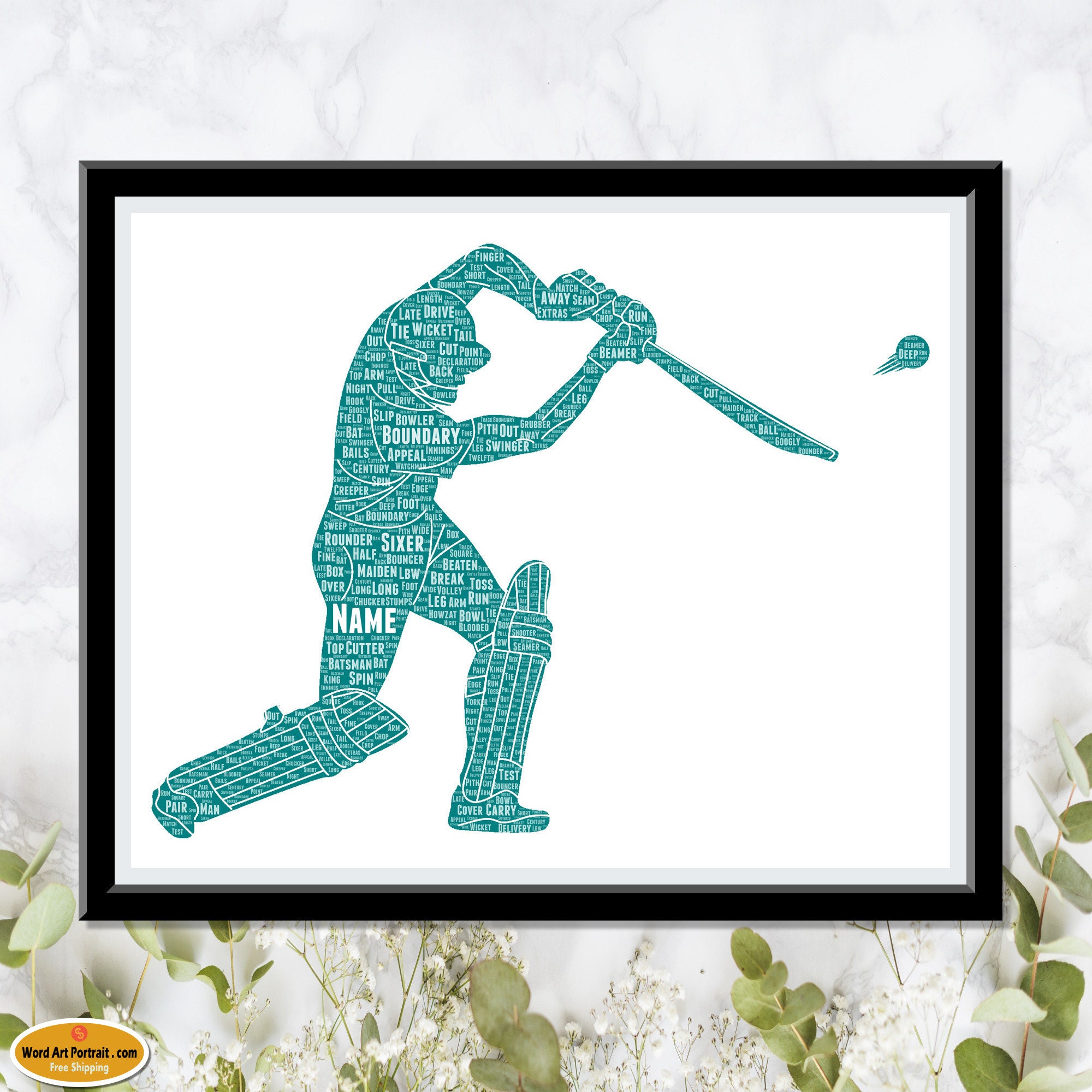 Cricket Word Art - Batsman gift for men - Cricketer Wall Art - Decor For Dad Son Brother Him Custom Wordle Word Art Cricket Lover