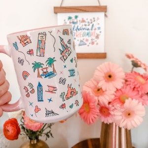 Disneyland Parks Icons Inspired Disney Mug with Pink Handle