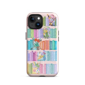 May include: A phone case featuring a colorful bookshelf design with various book titles and illustrations. The case has a light pink background and a glossy finish. The design includes images of flowers, animals, and other whimsical elements.