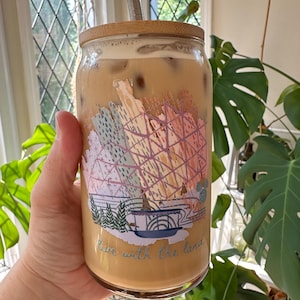 Disney Living with the Land Glass, Epcot Iced Coffee Can-shaped glass, Disney Tumbler, Vintage Disney Glass, Lid and Straw, 16 oz Glass Can