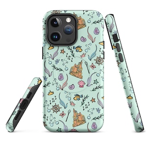 May include: A mint green phone case with a repeating pattern of sea-themed illustrations. The design includes castles, fish, musical notes, shells, and crowns. The case is shown from multiple angles, highlighting its design and features.