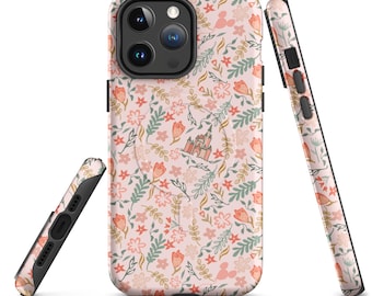 May include: A pink phone case with a floral pattern featuring a castle, flowers, and leaves. The case is designed for an iPhone.