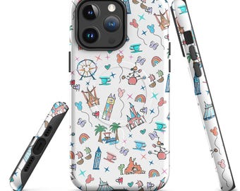 Puede incluir: Funda blanca para iPhone con un patrón colorido y caprichoso que presenta ilustraciones de dibujos animados de una noria, un castillo, tazas de té y arcoíris. La funda se muestra desde múltiples ángulos, mostrando el diseño en la parte delantera y los lados.