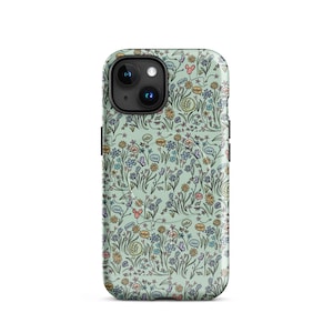 May include: A phone case with a floral pattern in pastel colors. The design features various flowers, butterflies, and speech bubbles on a light green background. The case has a black camera module and side buttons.