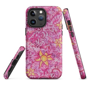 May include: A set of three phone cases with a vibrant floral design. The cases feature a pink and white background with yellow flowers and pink leaves. The cases are shown from different angles, highlighting the wrap-around design.