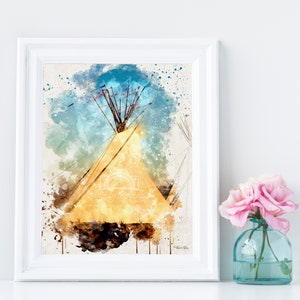 Puede incluir: Una pintura de acuarela de un tipi con un cielo azul y amarillo en el fondo. El tipi está hecho de lona y tiene un marco de madera. La pintura está hecha en un estilo suelto, con pinceladas visibles.