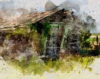 Montana Cabin PRINTABLE WATERCOLOR Digital Download 2:3 MONTANA Time Gone By