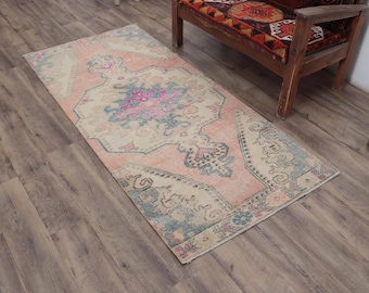 Alfombra Oushak de lana hecha a mano: alfombra de entrada turca vintage (90 x 20 cm)