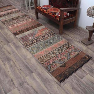 Tapis de course en laine turque fait main : patchwork coloré, 2,6 x 12,7 pi