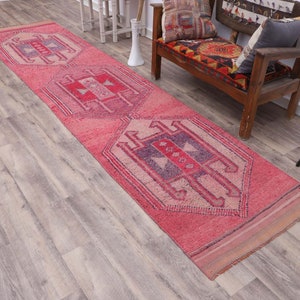 Alfombra turca Herki hecha a mano: alfombra vintage para pasillo de 2,8 x 12,2 pies.