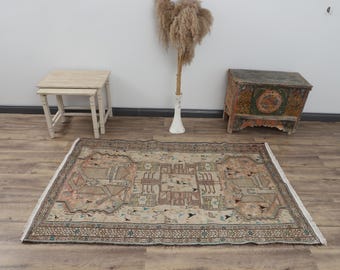 Alfombra turca tejida a mano en lana: Alfombra vintage beige y verde (3,8 x 6,0 pies)