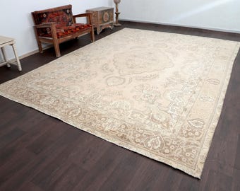 Alfombra vintage geométrica grande hecha a mano Oushak de 2,7 x 3,6 m: Rosa y marrón