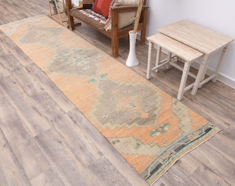 手織りトルコ製ランナーラグ：オレンジグレーヴィンテージ廊下用