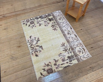 Tapis Oushak en laine noué à la main : 2'7x3'7 tapis turc vintage