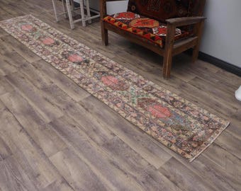Handmade Wool Turkish Runner Rug: Brown Beige Neutral Decor (1.9x12.1 feet)