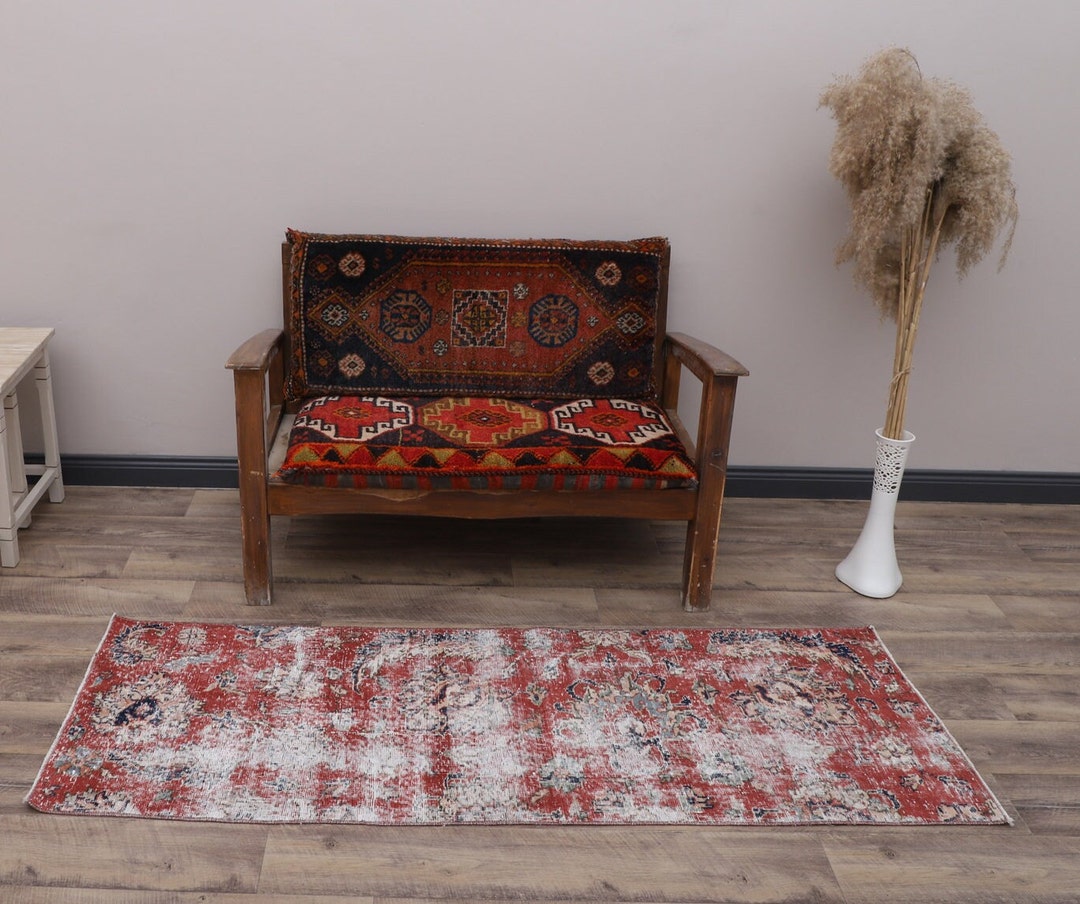 2x5 Turkish Oushak Runner Rug: Red Neutral Vintage Handmade Entry