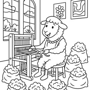 May include: A black and white illustration of a sheep sitting on a stool and weaving on a loom. There are several bags of wool on the floor around the sheep.