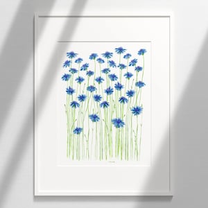 Blue Cornflower Watercolor Art Print: Elegant Botanical Illustration