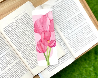 Marcador de página em aquarela com tulipas rosa: presente botânico laminado