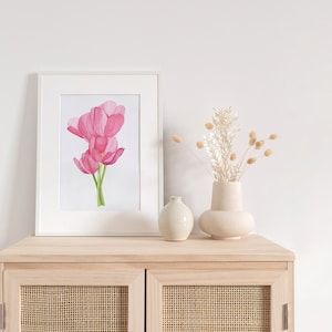 8x10 Pink Tulip Print, Pink Flower Print, Pale Pink art, Aesthetic Illustration for Bedroom, Botanical Illustration, Tulips Illustration
