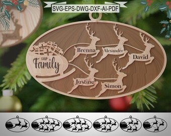 Family Ornament Santa's sleigh (2 to 7 people) - Decoration Crafting - Glowforge svg,dxf,dwg,ai - Cuttin