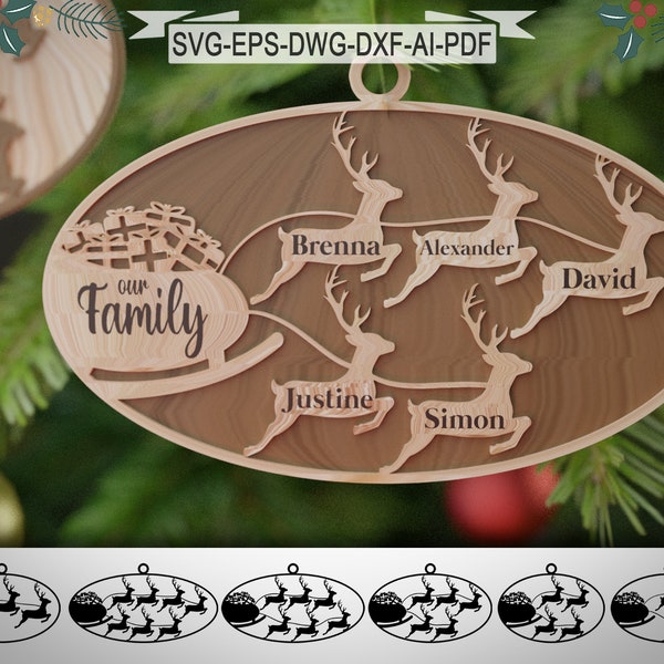 Family Ornament Santa's sleigh (2 to 7 people) - Decoration Crafting - Glowforge svg,dxf,dwg,ai - Cuttin