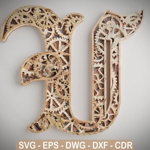 Layered Letter U - Steam Punk Alphabet Gears - Wall Art - SVG,DXF,DWG - Cutting, laser cut, mandala  layered svg - cut svg