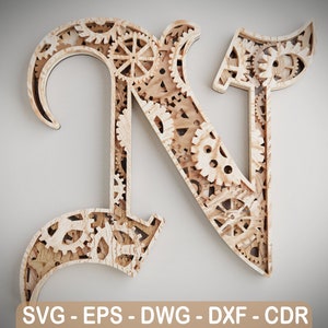 Layered Letter N - Steam Punk Alphabet Gears - Wall Art - SVG,DXF,DWG - Cutting, laser cut, mandala  layered svg - cut svg