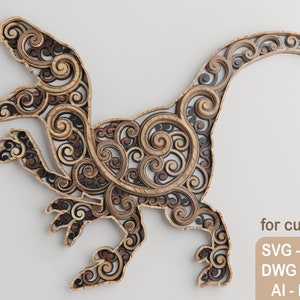May include: A wooden cutout of a dinosaur with intricate swirling patterns. The cutout is designed for cutting with a laser cutter or CNC machine. The file formats included are SVG, EPS, DWG, DXF, AI, and PDF.