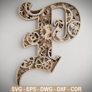 Layered Letter P - Steam Punk Alphabet Gears - Wall Art - SVG,DXF,DWG - Cutting, laser cut, mandala  layered svg - cut svg