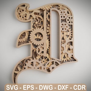 Layered Letter D - Steam Punk Alphabet Gears - Wall Art - SVG,DXF,DWG - Cutting, laser cut, mandala  layered svg - cut svg