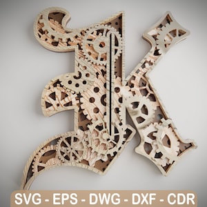 Layered Letter K - Steam Punk Alphabet Gears - Wall Art - SVG,DXF,DWG - Cutting, laser cut, mandala  layered svg - cut svg