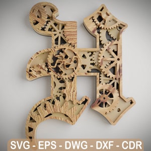 Layered Letter H - Steam Punk Alphabet Gears - Wall Art - SVG,DXF,DWG - Cutting, laser cut, mandala  layered svg - cut svg