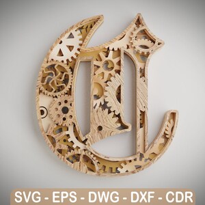 Layered Letter C - 5 layers - Steam Punk Alphabet Gears - Art - SVG,DXF,DWG - Cutting, laser cut, mandala layered svg - cut svg