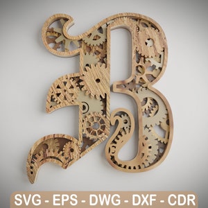 Layered Letter B - 5 layers - Steam Punk Alphabet Gears - Wall Art - SVG,DXF,DWG - Cutting, laser cut, mandala layered svg - cut svg