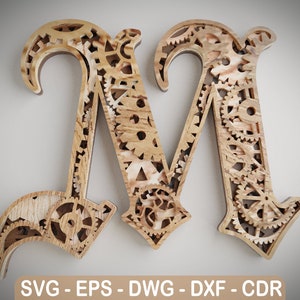 Layered Letter M - Steam Punk Alphabet Gears - Wall Art - SVG,DXF,DWG - Cutting, laser cut, mandala  layered svg - cut svg