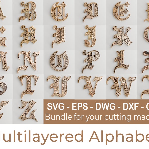 Multilayered Alphabet - Steam Punk A-Z letters Gears - Wall Art - SVG,DXF,DWG - Cutting, laser cut, mandala layered svg - cut svg
