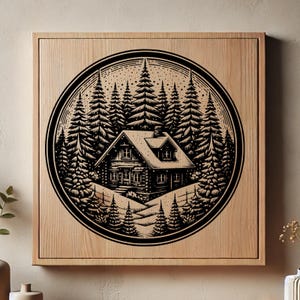 Puede incluir: Ilustración en blanco y negro de una cabaña en un bosque nevado. La cabaña tiene un exterior de madera y un techo cubierto de nieve. Los árboles son altos y delgados, con ramas que se extienden hacia el cielo.