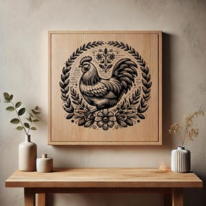 May include: A square wooden wall art piece featuring a detailed black and white illustration of a rooster within a floral wreath. The artwork is set against a light wood background, framed in a natural wood border. The piece is displayed on a wooden table.
