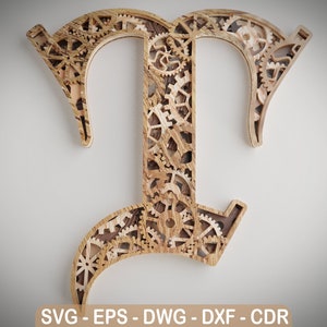 Layered Letter T - Steam Punk Alphabet Gears - Wall Art - SVG,DXF,DWG - Cutting, laser cut, mandala layered svg - cut svg