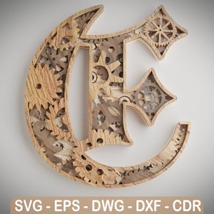 Layered Letter E - Steam Punk Alphabet Gears - Wall Art - SVG,DXF,DWG - Cutting, laser cut, mandala  layered svg - cut svg