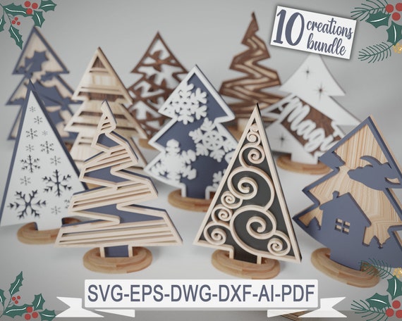Christmas Trees - 10 designs Bundle Decoration Crafting - Glowforge svg,dxf,dwg,ai - Cutting, laser cut, layered svg