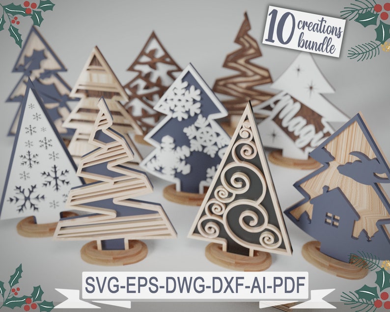 May include: A bundle of 10 digital cut files for creating Christmas tree ornaments. The files include a variety of designs, including snowflakes, swirls, and a house. The files are available in SVG, EPS, DWG, DXF, AI, and PDF formats. 10 creations bundle.