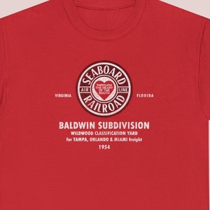 Straight-on product image of Red Seaboard Air Line Railroad t-shirt. Perfect train lover gift