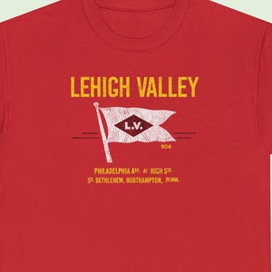 Red Lehigh Railroad t-shirt from straight-on. Perfect for train enthusiasts