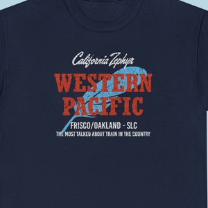 Navy Western Pacific Railroad t-shirt with simple design, perfect for train enthusiasts