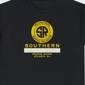 Black Southern Railway Pegram Shops t-shirt straight-on view, perfect train lover gift