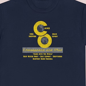 Chesapeake & Ohio Railway T-Shirt | CO &quot;Trade w/ The World&quot; Train Shirt | Retro Log Railroad T-Shirt for Railfans | Navy | Standard Fit