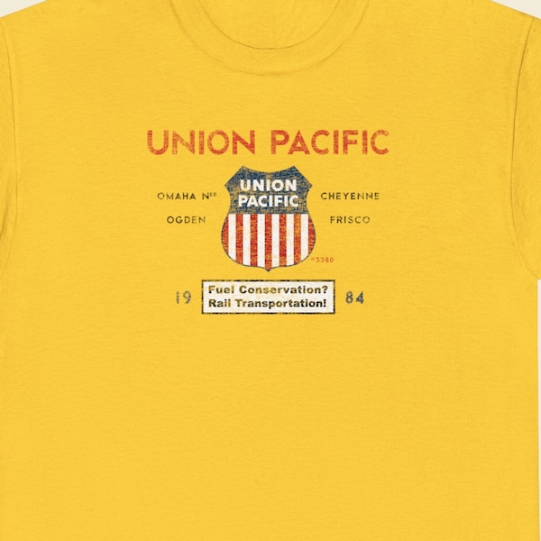 Union Pacific Railroad T-Shirt | UP Train Lover Gift, Vintage Retro Logo Apparel & Railfan Shirt | Railroad Clothing |  Gold | Standard Fit