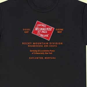 Black Milwaukee Road t-shirt with vintage railroad logo. Perfect train lover gift